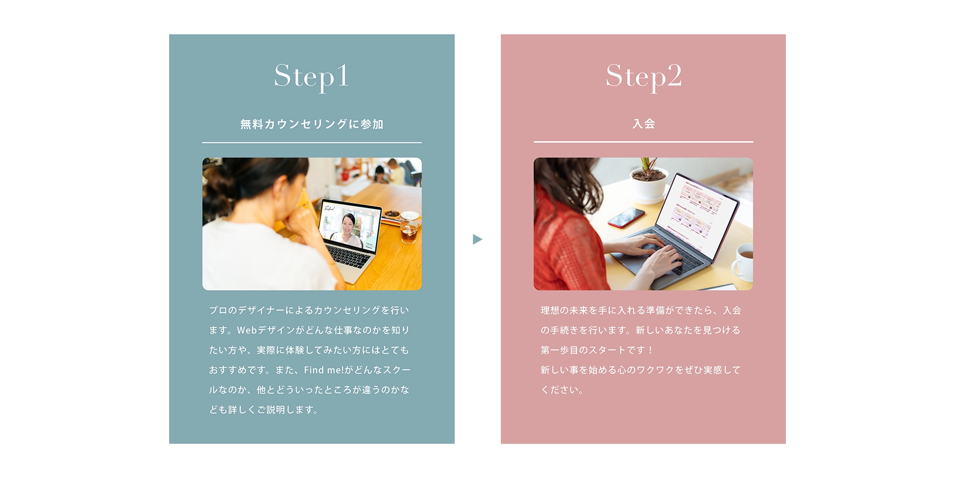 入会までの流れ：Find me!に入会するまでの流れをお伝えします。 [Step1 無料カウンセリングに参加]プロのWebデザイナーによるカウンセリングを行います。Webデザインがどんな仕事なのかを知りたい方や、実際に体験してみたい方にはとてもおすすめです。また、Find me!がどんなスクールなのか、他とどういったところが違うのかなども詳しくご説明します。 [Step2 入会]理想の未来を手に入れる準備ができたら、入会の手続きを行います。新しいあなたを見つける第一歩目のスタートです！新しい事を始める心のワクワクをぜひ実感してください。